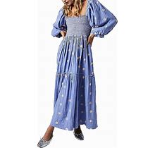 ABYOVRT Women Floral Embroidered Maxi Dress Long Puff Sleeve Square Neck Bohemian Flowy Dress With Pockets Smocked Fall Dress
