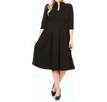 Split Collar 3/4 Sleeve Pleated Skirt Stretch Midi Dress Black Plus 3X