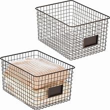 Mdesign Large Metal Farmhouse Storage Organizer Bin Baskets With Label Slot For Closet, Cabinet, Cupboard - Wire Organizing Basket Holds Clothing,