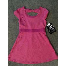 Bright Pink Textured Knit A-Line Dress, Keyhole Back, Stretchy Waist,