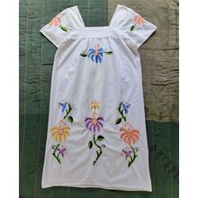 Vintage 1970S Handmade Linen Embroidered Guatemalan White Floral Dress Maxi Sz M
