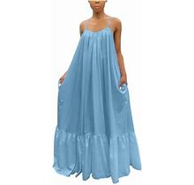 Vsssj Summer Dresses For Women Sleeveless Spaghetti Straps Loose Swing Ruffle Hem Dress V Neck Casual Comfy Solid Color Maxi Dress Blue L