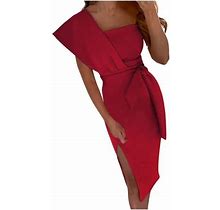 Womens Classy Formal Dress One Shoulder Off Belted Knee Length Sexy Party Cocktail Slit Dress For Wedding Guest