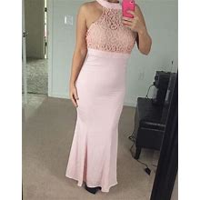 Asos $161 Petite Lace Detail Halter Neck Maxi Dress Pink Size 6P