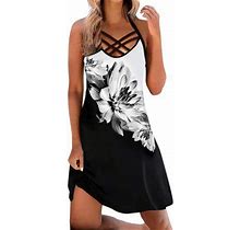 Sundresses For Women Casual Summer - Beach Dresses For Women Casual Summer Sleeveless Knee Length Midi Dress Boho Floral Strappy Halter Neck Tunic Dre