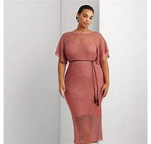 Ralph Lauren Belted Linen-Blend Pointelle-Knit Dress - Size 3X In Pink Mahogany
