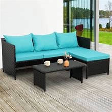 Valita 3-Piece Outdoor PE Rattan Furniture Set Patio Black Wicker Conversation Loveseat Sofa Sectional Couch Turquoise Cushion