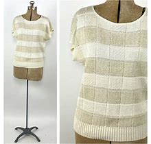 80S Cream Gold Checked Striped Knit Short Sleeve Sweater Metallic Dress Top