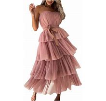 Hot6sl Sundresses For Women, Women Tulle Dress Sleeveless Dress Solid Mesh Princess Steapless Long Party Dress Hot6sl21115764