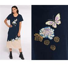 90S Floral Dress Graphic Butterfly Dress Metallic Print Midi Shift Dress Summer Hippie Boho 1990S Blue Vintage Retro Short Sleeve Medium