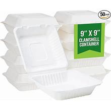9 Inch" Biodegradable Take-Out Food Containers - Pack Of 50 - Compostable TO-GO Boxes With Built-In Hinged Lid - Sustainable Material, To Go Boxes Fo