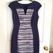 Connected Apparel Dresses | Guc Dark Blue & White Textured Poly Business Dress Thick Material Sz 6 | Color: Blue/White | Size: 6