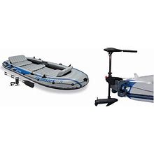 Intex Heavy Duty Inflatable 5 Person Fishing Boat Set With 2 Oars, Carry Bag, And Eight Speed Trolling Motor For Outdoor Fishing And Boating, Gray