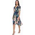 Dkny Women's Floral Tie-Waist Ruched-Sleeve Dress - Navy Multi - Size 10