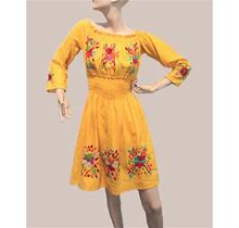 Hand Embroidery Off The Shoulder Peasant Women's Dress Floral Yellow