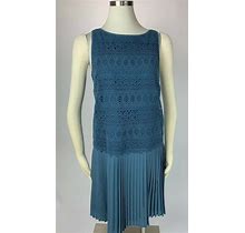 Ann Taylor Loft Steel Blue Crochet Lace Pleated Hem Dress 8 Petite