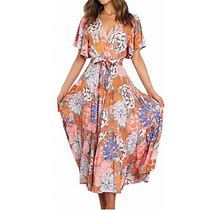 Spring Maxi Dresses For Women Casual Vintage Floral Print Short Sleeve V Neck Flowy Ruffle Swing Long Dress With Strappy