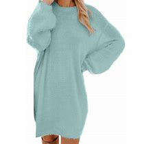 Haxmnou Sweater Dress For Women Long Sleeve Mini Sweater Winter Sweater Knit Turtleneck Warm Dress With Pocket Long Sleeve Sweater Dress Sky Blue M