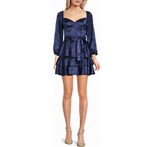 B. Darlin Floral Print Long Sleeve Tie Waist Tiered Fit-And-Flare Easter Dress, Womens, Juniors, 0, Navy
