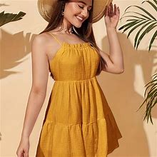 Solid Color Backless Ruffle Hem Dress, Women's Sexy Sleeveless Spring Summer Women's Clothing Cami Dress,Must-Have,Temu
