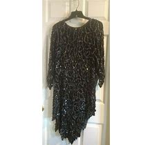 Scala Black Beaded Dress Leaf Handkerchief Hem V Hem Long Sleeve 100%