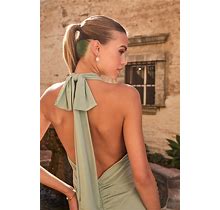 Sage Green Mesh Ruched Halter Maxi Dress | Womens | X-Large (Available In L) | 100% Polyester | Lulus
