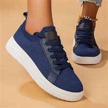Solid Color Shoes, Women's Knitted Lace Up Soft Casual Breathable Sneakers,Blue,High Demand,Temu