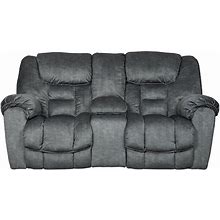 Polyester Upholstered Metal Reclining Loveseat With Lift Top Storage Console, Gray