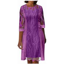 Summer Dress! Miarhb Women's Casual Cut-Out Lace Panel Half Sleeve Back Zip Dress Dresses For Women 2023 Purple M