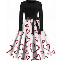 Pmvfhde Women's Elegant Vintage Love Heart Print Fit And Flare A-Line Swing Casual Long Sleeve Valentine's Day Party Dresses With Belt White,XXL