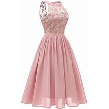 Xiarookp Womens Sexy Lace Floral Dress Solid Pink Vintage Princess Cocktail Party Aline Swing Dress, Girls