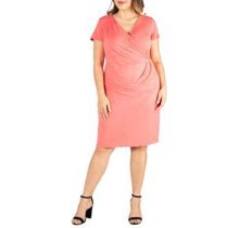 24Seven Comfort Apparel Women's Plus Size Short Sleeve V Neck Faux Wrap Dress, Coral, 3X