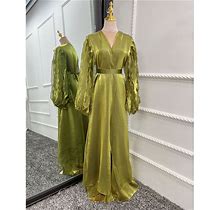 Muslim Open Front Cardigan Women Maxi Dress Puff Sleeve Dubai Kimono