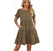 Xinqinghao Summer Dresses For Women 2023 Swing Floral Pleated Mini Dress Casual Beach Cover Up Dress Brown L
