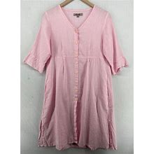 FLAX Dress P Petite Linen Shirt Knee Length Button Front Elbow Sleeve Woven Pink