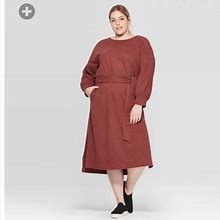 Womens Plus Size Long Sleeve Boat Neck Midi Dress | Color: Red | Size: 3X