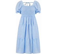 Hirigin Summer Plaid Puff Sleeve Dresses For Women, Square Neck Short Sleeve A-Line Mini Short Dress For Ladies Vacations Elegant Clothing