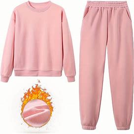 Solid Fleece Two-Piece Set, Casual Long Sleeve Sweatshirt & Jogger Sweatpants Outfits, Women's Clothing Affordable,Temu