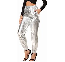 Women's Party Sparkle Shiny High Waist Metallic Jogger Pants, Size: XS, Grey
