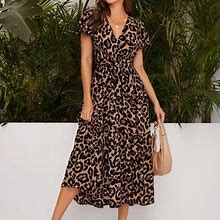 Leopard Print Ruffle Hem Butterfly Sleeve A Line Dress | Color: Black/Brown | Size: Various