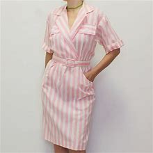 Vintage 80S Pastel Pink Striped Day Dress Spring Summer Casual Cute Button Up Dress