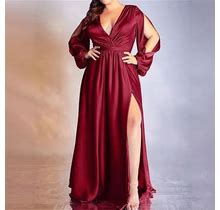 Women's Plus Size Party Dress Solid Color V Neck Ruched Long Sleeve Fall Winter Formal Prom Dress Maxi Long Dress Party Dress