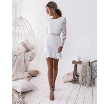 Women's Prom Dress Lace Dress Bodycon Knee Length Dress White Long Sleeve Floral Contrast Lace Summer Spring Crew Neck Elegant Vacation Summer Dress S