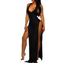 Genema Women Sexy Mesh Sheer See Through Deep V Neck Sleeveless Bodycon High Split Beach Long Dress