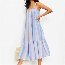 Loft Dresses | Loft Plaid Smocked Pocket Midi Dress Medium Sky Blue Multicolored Checkered | Color: Blue/Pink | Size: M