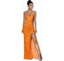 Spaghetti Straps Sequin Prom Dresses For Women 2024 V Neck Mermaid Formal Evening Gown With Slit Sparkly Party Dress Orange Size 0