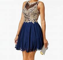 $268 Xscape Womens Blue Gold Embroidered Cutout Fit & Flare Dress Size