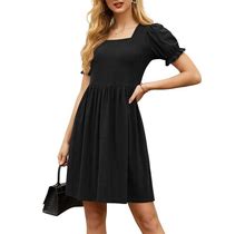 GRECERELLE Womens Summer Dresses Square Neck Ruffle Puff Sleeve A-Line Casual Mini Dress