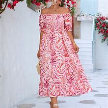 Finelylove Casual Summer Dresses Petite Formal Dresses For Women One Shoulder Printed Short Sleeve A-Line Pink