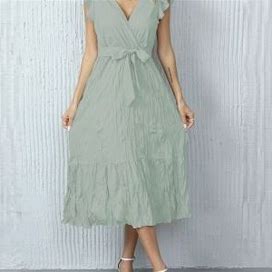 Solid Color Ruffle Trim Dress, Women's Elegant Sleeveless Women's Clothing Midi Dress,User-Friendly,Temu